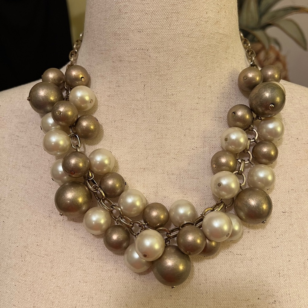 Statement Pearl and Gold Bead Chain Link Necklace